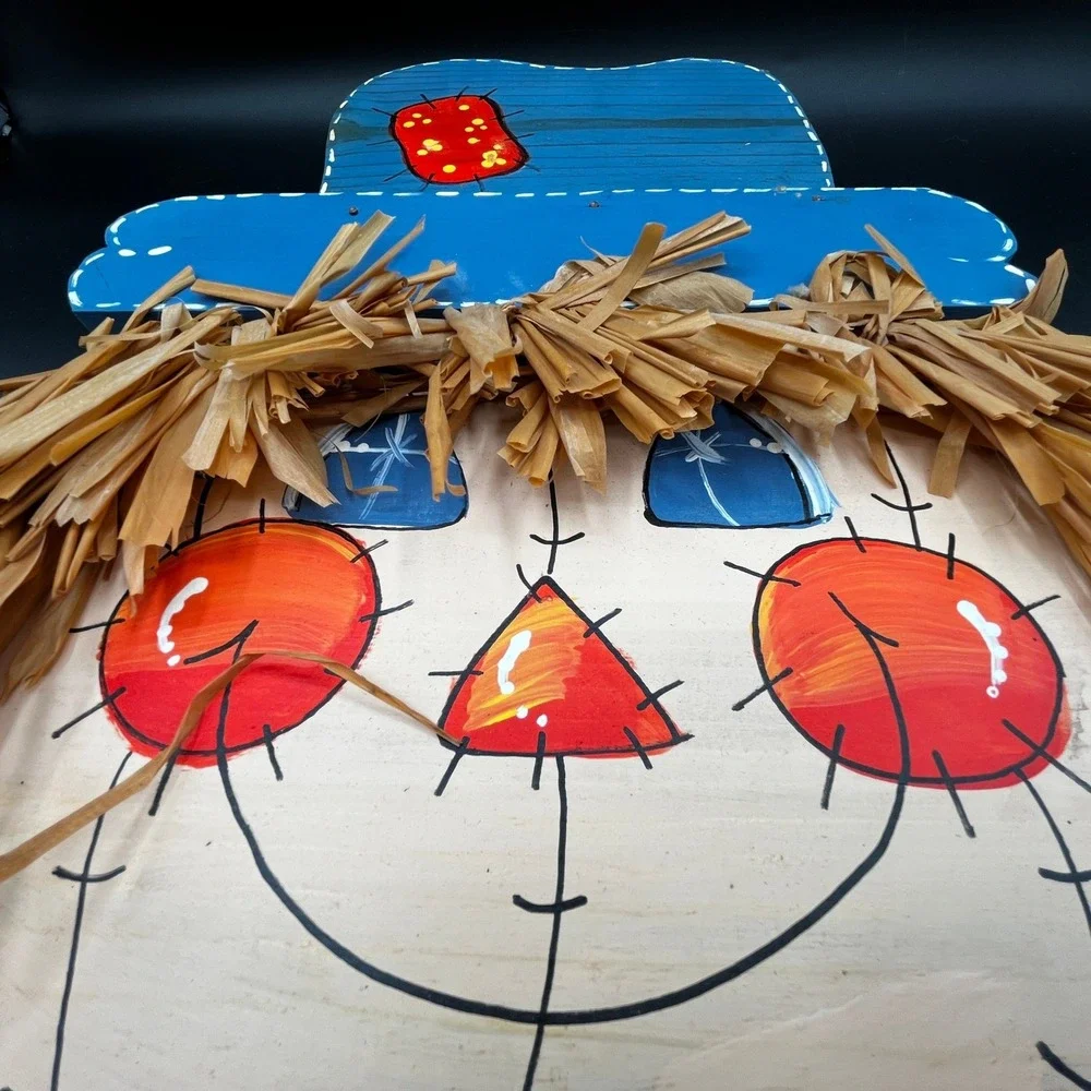 Handmade Wooden Scarecrow Wall Hanging Fall Harvest Decor Raffia 10.5x15.5